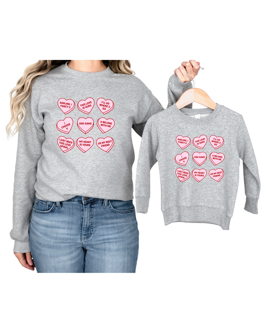 Candy Heart Grey Crew Sweater| Adult / Youth